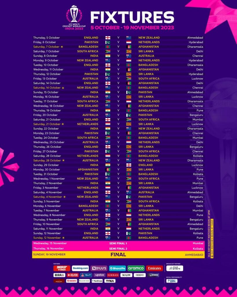 Updated schedule table for the ICC Men's Cricket World Cup 2023